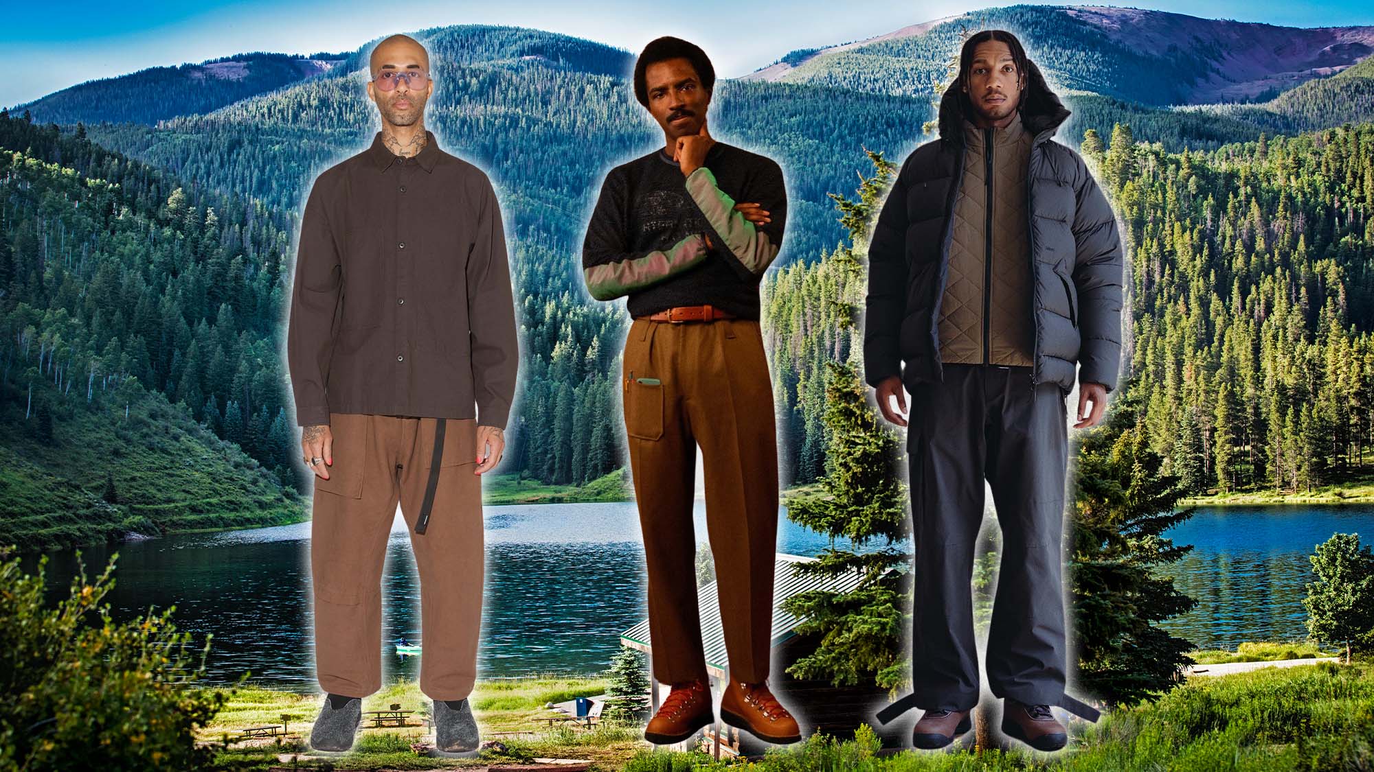 Three men wearing fashionable outdoor gear on a outdoor background of a cabin in the mountains